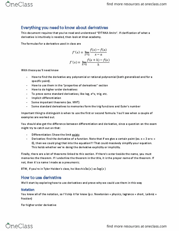 MAT137Y5 Chapter Notes - Chapter proof and application of derivatives: Sequent, Product Rule, Binomial Theorem thumbnail